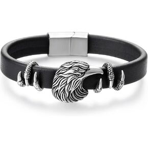 COOLSTEELANDBEYOND Stainless Steel Eagle Bracelet for Men, Eagle Head and Claws Bangle, Black Leather Wristband