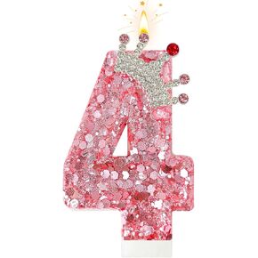 Pink Glitter Crown Number Birthday Candles - Sparkler-Like Design, Safe & Smokeless, 2.88 * 1.73 in,Perfect for Amazing Party Decorations, Anniversaries, Baby Showers & More (Number 4)