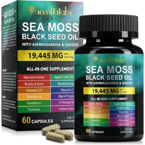 Sea Moss Black Seed Oil Ashwagandha Ginger Curmeric Capsules ، Sea Moss 7000mg Black Seed Oil 4000mg Ashwagandha 2000mg sturmeric 2000mg Vitamin C Vitamin D3 with Elderberry Manuka Handelion الأصفر