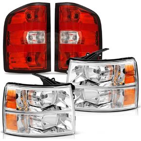 Headlights Tail Lights Combo Compatible with Chevy Silverado 1500 2007 2008 2009 2010 2011 2012 2013 Chevrolet 2500 3500 HD 2500HD 3500HD Replacement Headlight Rear Brake Lamp Assembly, Black