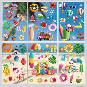 100 PCS Summer Window Clings ، 9 أوراق ثلاثية الأبعاد ، ديكور ملصقات نوافذ ثابتة في هاواي ، شارات الصيف للمدرسة ، ملحقات العطلات في مكتب المنزل.