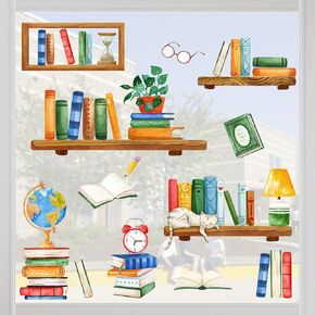 كتب Yovkky Window Comings 4 أوراق ، العودة إلى المدرسة القراءة ركن دراسة الكتب رف الكتب مصباح ملصقات الساعة شارات الديكور ، القط محفوظ بوعاء مكتبة أطفال غرفة نوم غرفة نوم