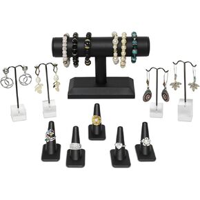 MOOCA 10 Pcs Jewelry Display Set, T-Bar Bracelet Stand, Earring Organizer, Ring Holder Stand for Showcase and Store, Premium Black Faux Leather