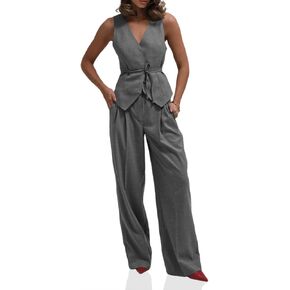 Cicy Bell Womens 2 Piece Outfits V Neck Tie Waist Blazer Vest and Wide Leg Business Casual Suit Pants Sets Grey