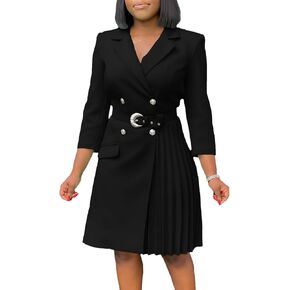 Women's Lapel Neck Double Breasted Blazer Dress Business Elegant 3/4 Sleeve Pleated Midi Dress with Belt