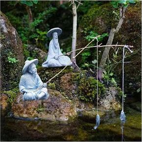 livelyfish 2Pcs Sitting Fishing Figurines Asian Japanese Sandstone Mini Fisherman Statue Vintage Ornament for Fish Tank Pot Garden Home Aquarium Decoration,D