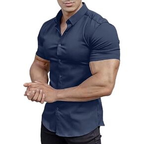 Men's Muscle Fit Dress Shirts Short Sleeve Button Down Slim Fit Stretch Wrinkle Summer Shirt for Men