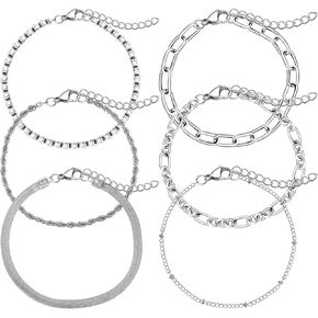 6pcs Silver Ankle Bracelets, Silver Dainty Chain Bracelet, Minimalist Stackable Bracelet, Chain Bracelets, Summer Beach Waterproof for Women Teen