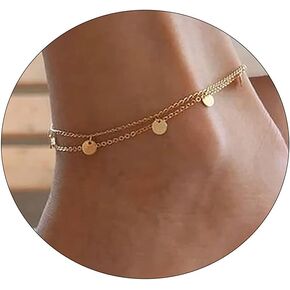 BERISO Ankle Bracelets for Women 14k Gold Plated Dainty Initial Anklets for Women Adjustable Size