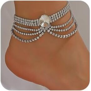 Cuban Silver Gold Crystal Rhinestone Ankle Bracelets Dainty Cuban Link Chain Rhinestone Foot Chain Adjustable Link Ankle Bracelet Tassel Crystal Rhinestone Ankle Bracelets for Women