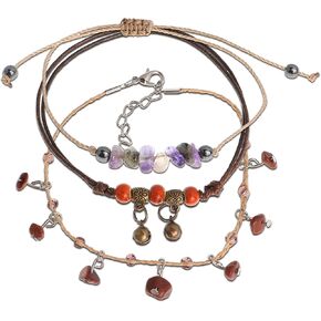 JeanBeau 3Pcs Boho Pottery Seed Beads String Anklets Set for Women Teen Cute Adjustable Waterproof Rope Vintage Handmade Stackable Beach Braided Bell Beaded Stone Bracelet ankle Friendship Summer Jewelry Friends Gift