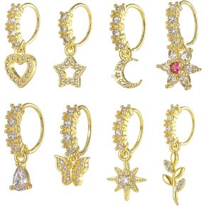 8pcs Dangle Nose Ring Hoop for Women Nose Hoop Dangling Nose Piercing Jewelry Cartilage Earring Cute CZ Flower Leaf Heart Star Butterfly Shape Nose Rings Hoops