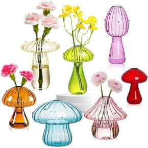 Mushroom Vase, Colored Flower Vase Set of 7, Unique Propagation Vases for Plants, Small Glass Bud Vases Home Decor, Mini Mushroom Planter Cute Propagation Stations for Living Room Decor (Color)