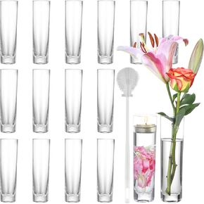 Glass Cylinder Vases for Centerpieces – Set of 16 Handmade Clear Flower Vase 6.89" Tall,Wedding Table Decor for Single Rose Bud Vases,Small Vases Home Decor,Floreros,1 Brush
