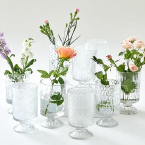 9 Set (H:7 Inch W:4 Inch) Flower Crystal Glass Vases Embossed Pedestal Vases for Centerpieces Hydroponic Glass Transparent Bottle for Home Office Wedding Dining Table Party