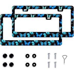 Butterfly License Plate Frames for Women Men 2 Pack Cute Blue License Plate Cover with Screws for Stainless Steel Car Decoration Accessories