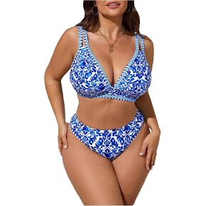 Verdusa Women's Plus Size Floral High Waisted Bikini Sets Double Strap Swimsuit