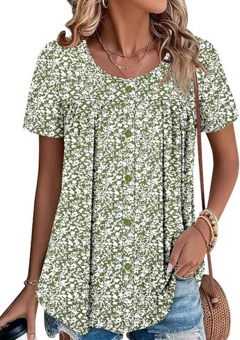 Magritta Women's T Shirts Trendy Fitted Pleated Front Summer Blouses Casual Buttons Round Neck Short Sleeve Tunic Tops in Saudi Arabia