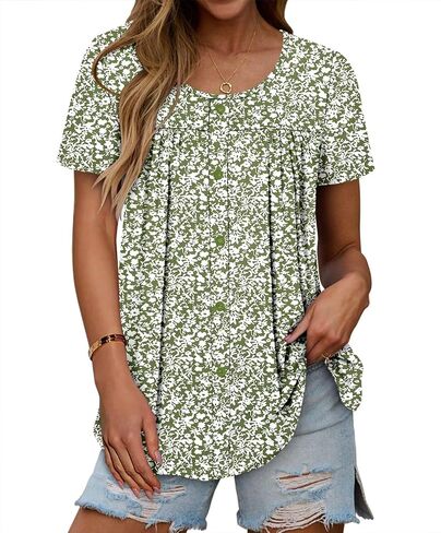 Magritta Women's T Shirts Trendy Fitted Pleated Front Summer Blouses Casual Buttons Round Neck Short Sleeve Tunic Tops in Saudi Arabia