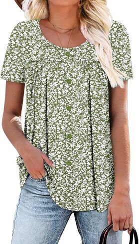 Magritta Women's T Shirts Trendy Fitted Pleated Front Summer Blouses Casual Buttons Round Neck Short Sleeve Tunic Tops in Saudi Arabia