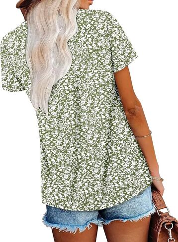 Magritta Women's T Shirts Trendy Fitted Pleated Front Summer Blouses Casual Buttons Round Neck Short Sleeve Tunic Tops in Saudi Arabia