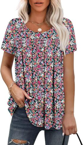 Magritta Women's T Shirts Trendy Fitted Pleated Front Summer Blouses Casual Buttons Round Neck Short Sleeve Tunic Tops in Saudi Arabia