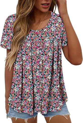 Magritta Women's T Shirts Trendy Fitted Pleated Front Summer Blouses Casual Buttons Round Neck Short Sleeve Tunic Tops in Saudi Arabia