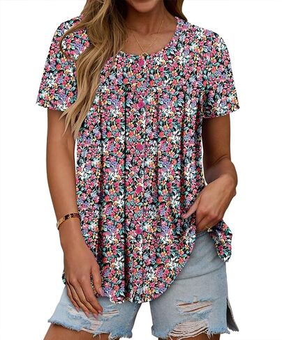 Magritta Women's T Shirts Trendy Fitted Pleated Front Summer Blouses Casual Buttons Round Neck Short Sleeve Tunic Tops in Saudi Arabia