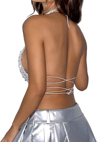 Bikini Rhinestone Bra Chain Jewelry Crystal Backless Tank Top Summer Rhinestone Tassel Mesh Underwear Chain Festival Rave Lingerie Jewelry for Women in Saudi Arabia