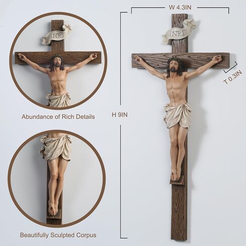 Grace4joy Wall Crucifix ، يسوع صليب للديكور المنزلي الكاثوليكي ، الصليب المطلي باليد معلقة عبر الهدايا الدينية Housewarming مجموعة عصر النهضة in Kuwait