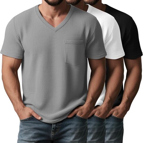 Huukeay 3 Pack Men's Big and Tall Short Sleeve Shirt Waffle V Neck Tops Summer Work Casual Tees with Pocket in Kuwait