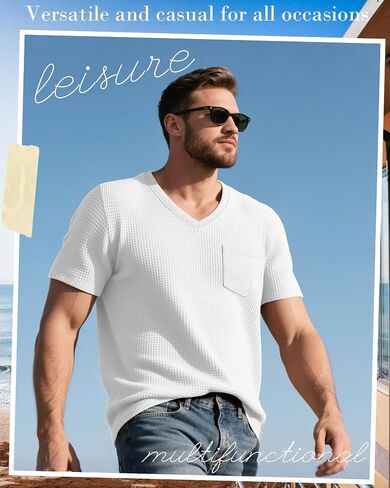 Huukeay 3 Pack Men's Big and Tall Short Sleeve Shirt Waffle V Neck Tops Summer Work Casual Tees with Pocket in Kuwait
