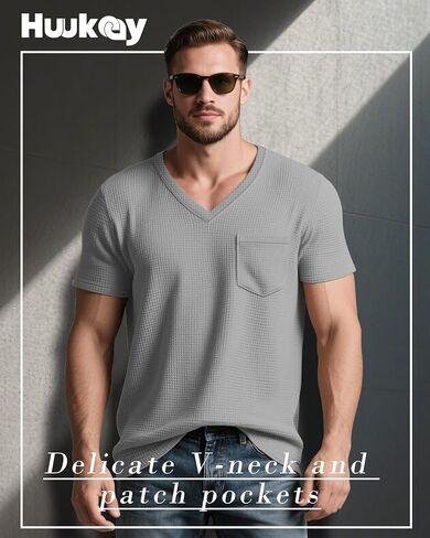Huukeay 3 Pack Men's Big and Tall Short Sleeve Shirt Waffle V Neck Tops Summer Work Casual Tees with Pocket in Kuwait