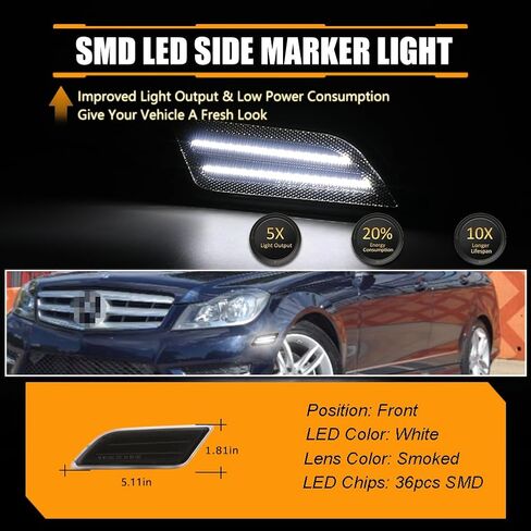 Front Fender LED Side Marker Lights for 2012-2014 Mer-cedes Ben-z W204 LCI C250 C300 C350 C-Class, Smoked Lens Side Bumper Marker Lamps, White LED Side Markers Turn Signal Lights, 2 PCS in Saudi Arabia