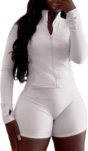 XZLUFNY Two Piece Short Sets for Women Long Sleeve Sport Jacket Bodycon Short Tracksuit Sweatsuit in Kuwait