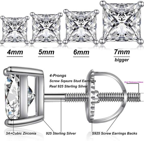 18K أبيض مطلي بالذهب محاكاة أقراط الماس للرجال للنساء مكعبات الزركونيا Querts arics 925 Sterling Silver Silver Back CZ Stud arrings 4mm-8mm للجنسين in Kuwait