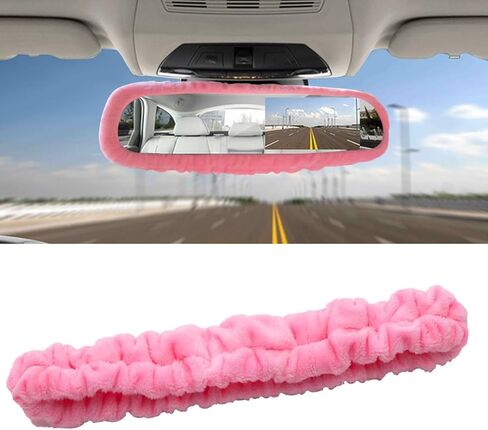 Elastic Plush Auto Rear View Mirror Protector - Stretchy Comfortable Car Rearview Mirror Cover - Automotive Interior Rearview Mirror Decorations - Car Mirror Accessories Universal for Vehicles (Pink) in Kuwait