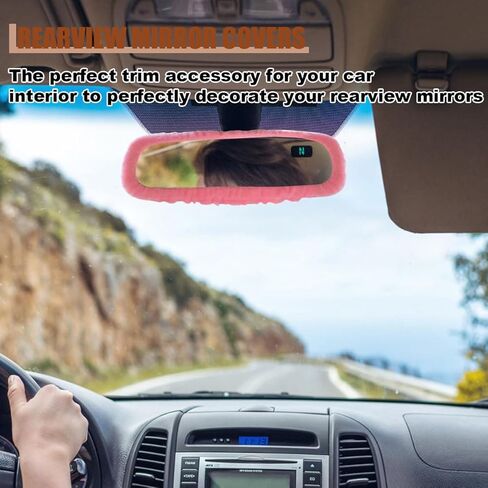 Elastic Plush Auto Rear View Mirror Protector - Stretchy Comfortable Car Rearview Mirror Cover - Automotive Interior Rearview Mirror Decorations - Car Mirror Accessories Universal for Vehicles (Pink) in Kuwait