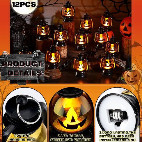 ROCEEI 12 Pcs Halloween Mini Lantern With Flickering LED Candle - 3.54 Inch Pumpkin Decoration Bulk Hanging Table Centerpiece Portable Light up Party Decor for Indoor Outdoor in Kuwait