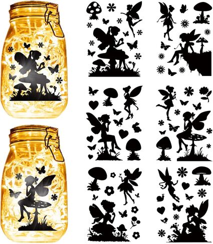 CREATCABIN 6 Sheets Christmas Fairy Mason Jar Decor Jar Sticker PVC Cutout Silhouettes Making Camping Decoration Scrapbook Ornaments Adhesive Waterproof for Glass Jar Lamp Diary Black 7.8x5.9 Inch in Saudi Arabia