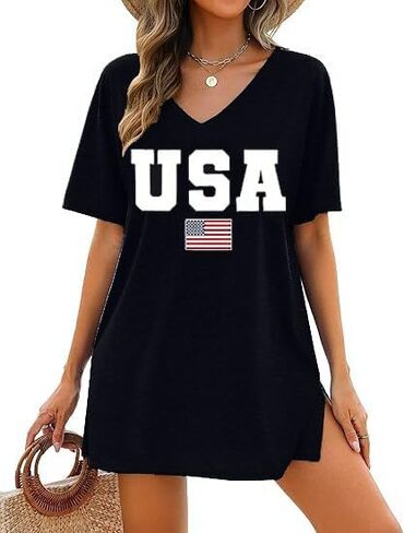 LYEIAO Women American Flag Dresses Patriotic USA Flag Tees Shirt 4th of July V Neck Beach Swimsuit Coverup in Kuwait