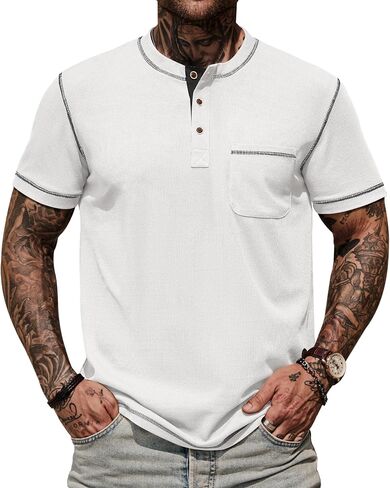 Mens Henley Shirts Casual Waffle Stretch Summer T-Shirt with Pocket (S-XXL) in Saudi Arabia