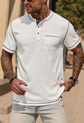 Mens Henley Shirts Casual Waffle Stretch Summer T-Shirt with Pocket (S-XXL) in Saudi Arabia