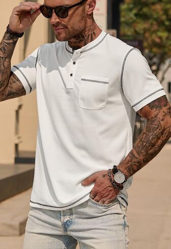 Mens Henley Shirts Casual Waffle Stretch Summer T-Shirt with Pocket (S-XXL) in Saudi Arabia