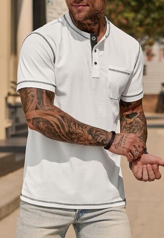 Mens Henley Shirts Casual Waffle Stretch Summer T-Shirt with Pocket (S-XXL) in Saudi Arabia