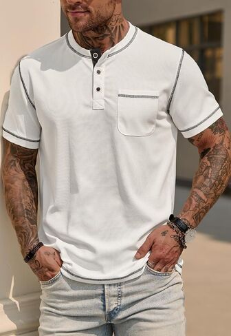 Mens Henley Shirts Casual Waffle Stretch Summer T-Shirt with Pocket (S-XXL) in Saudi Arabia