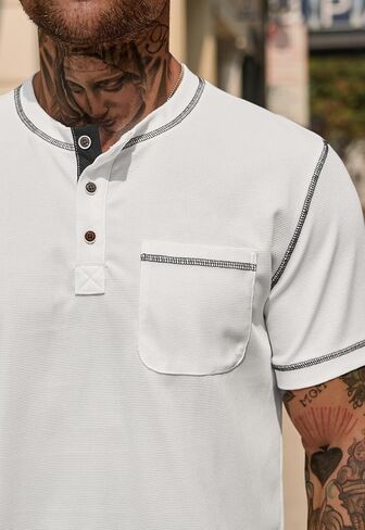 Mens Henley Shirts Casual Waffle Stretch Summer T-Shirt with Pocket (S-XXL) in Saudi Arabia
