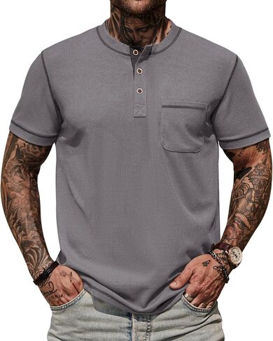Mens Henley Shirts Casual Waffle Stretch Summer T-Shirt with Pocket (S-XXL) in Saudi Arabia