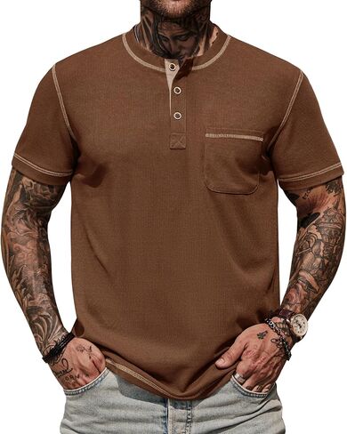 Mens Henley Shirts Casual Waffle Stretch Summer T-Shirt with Pocket (S-XXL) in Kuwait