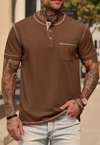 Mens Henley Shirts Casual Waffle Stretch Summer T-Shirt with Pocket (S-XXL) in Kuwait